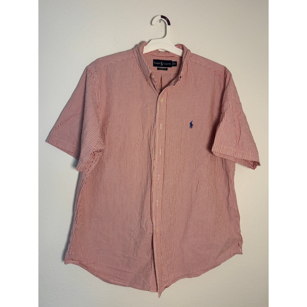 Polo Ralph Lauren Seersucker Shirt Mens XL Red White Stripe Short Sleeve Classic